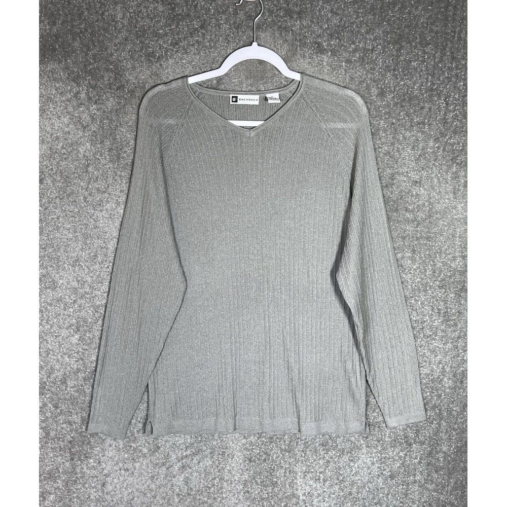 Vintage Bachrach Sweater Mens Size Medium Gray Knit V-Neck Long Sleeve Pullover